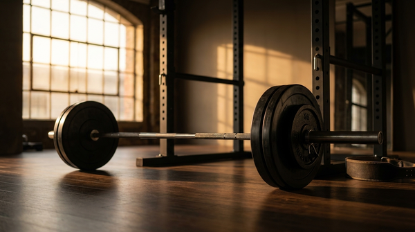 Beladene Langhantel vor einem Power Rack in einem Premium-Gym – bereit fürs rumänische Kreuzheben