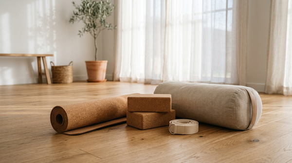 Yoga-Zubehör im Studio: Korkmatte, Yogablöcke, Gurt und Bolster auf hellem Holzboden