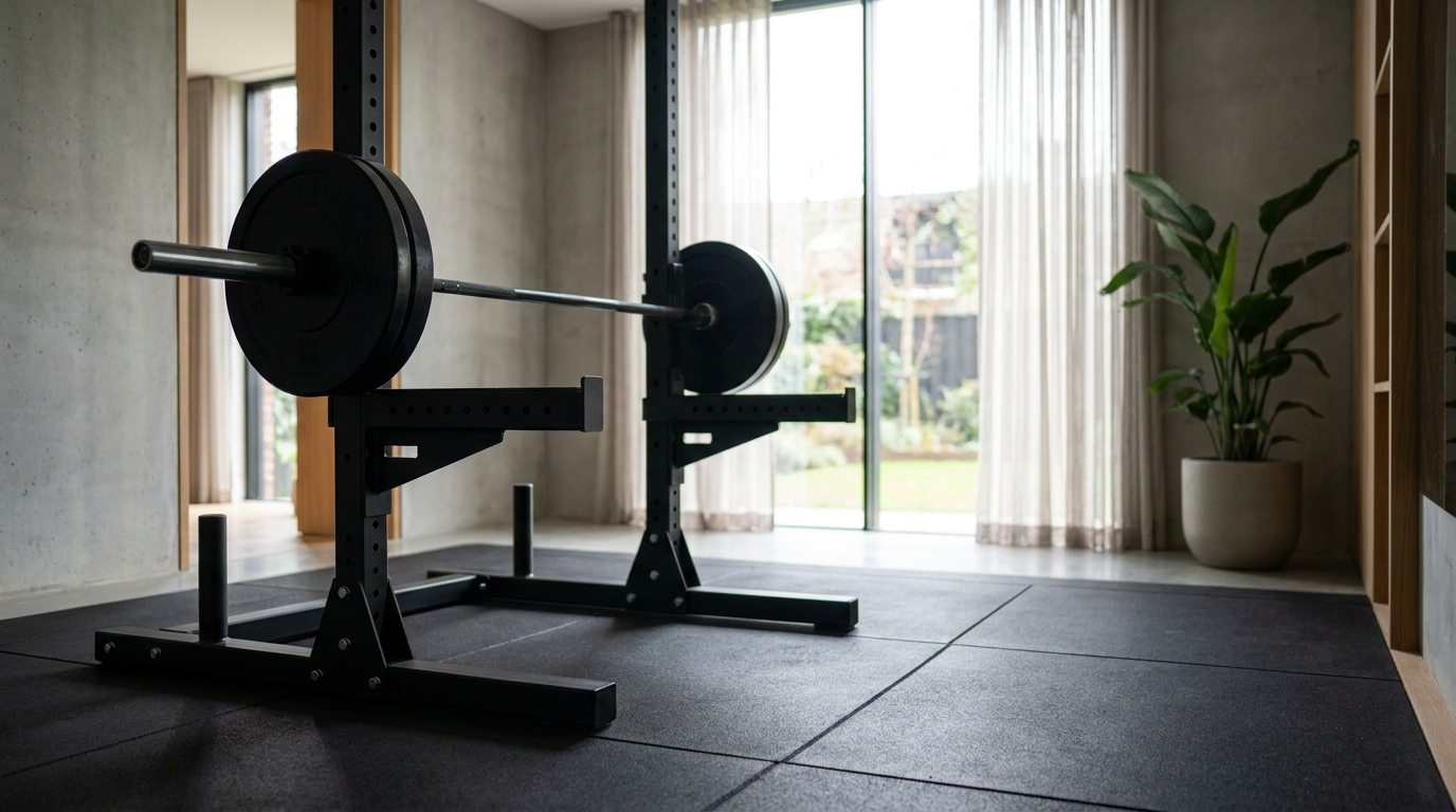 Power Rack mit Langhantel und Gewichtsscheiben in einem hellen Home Gym für einen 5x5 Trainingsplan