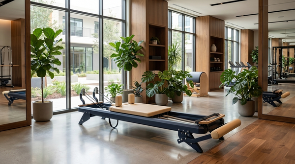 Hegren Pilates Reformer als Mittelpunkt einer Reformer-Zone in einem modernen Fitnessclub