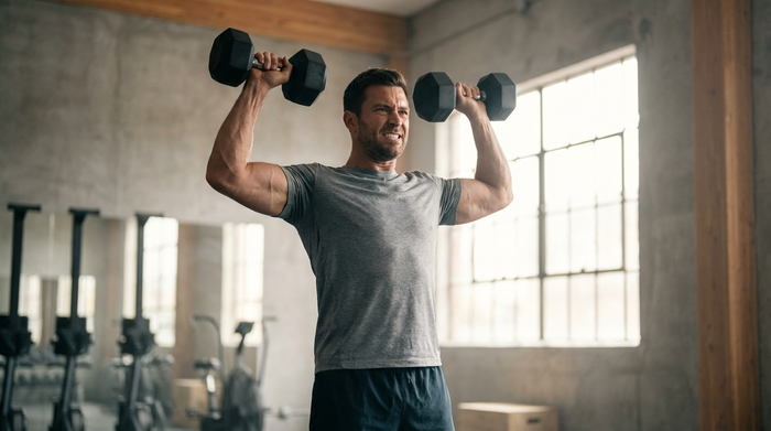Athlet beim Hanteltraining im Studio - Muskelaufbau durch mechanische Spannung