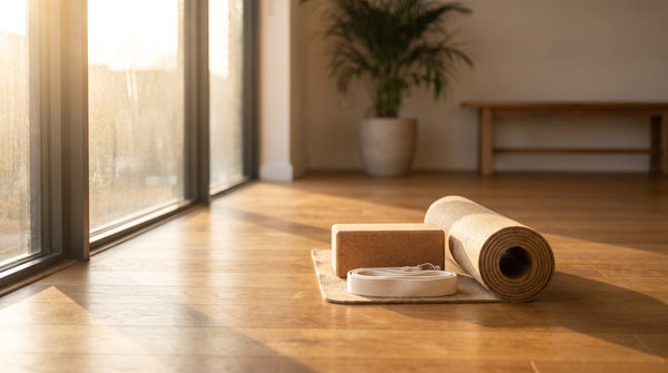 Yogamatte, Kork-Block und Gurt ordentlich auf einem Holzboden im Morgenlicht