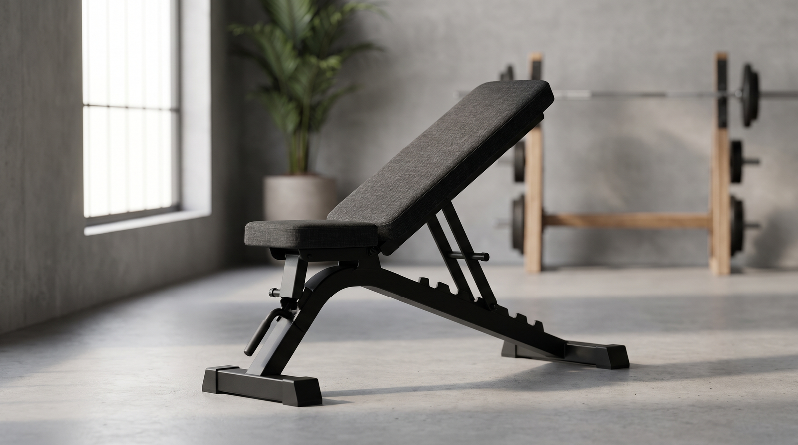 Verstellbare Hantelbank mit mattschwarzem Stahlrahmen in einem modernen Home-Gym
