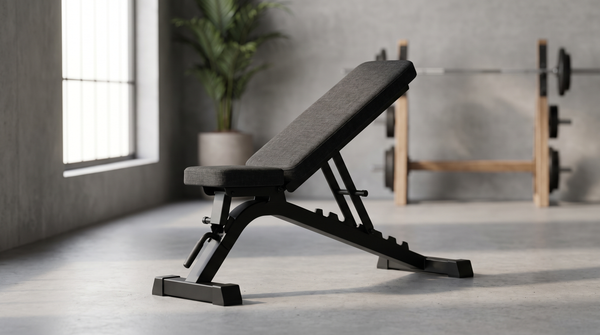 Verstellbare Hantelbank mit mattschwarzem Stahlrahmen in einem modernen Home-Gym