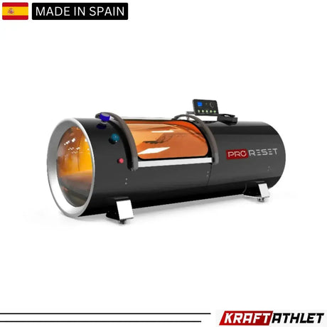 "ProReset Orbit portable hyperbaric chamber with reclining lounge chair and four viewing windows."​

