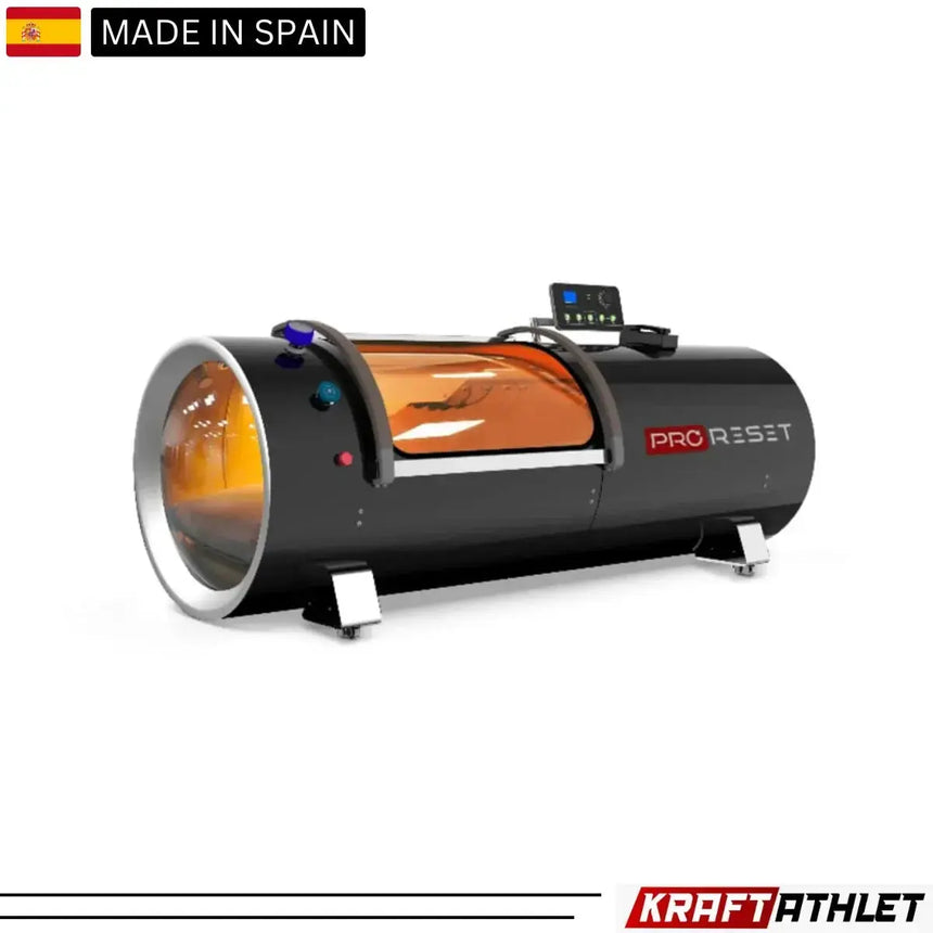 "ProReset Orbit portable hyperbaric chamber with reclining lounge chair and four viewing windows."​


