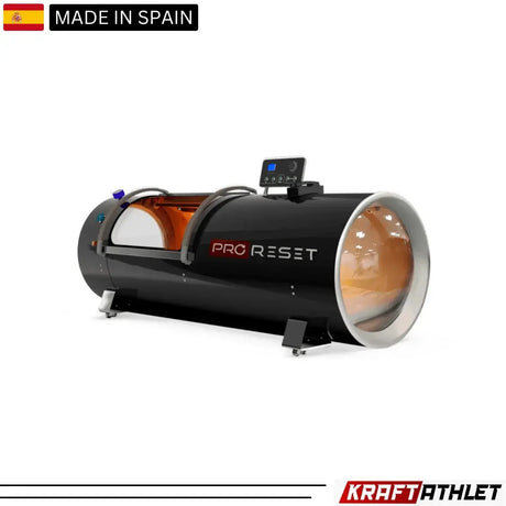 "ProReset Orbit portable hyperbaric chamber with reclining lounge chair and four viewing windows."​

