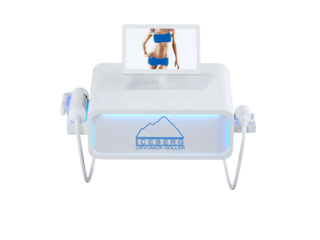 A sleek, black Iceberg Cryonick Roller cryotherapy machine featuring a digital screen displaying a human arm for demonstration. The device is illuminated with blue LED accents, showcasing its modern design and advanced functionality for muscle recovery and cold therapy applications.