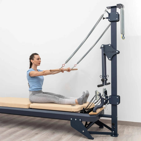 HEGREN Pilates Wooden Stick 1.10m with connecting links, crafted from polished solid oak, designed for balance and flexibility exercises.