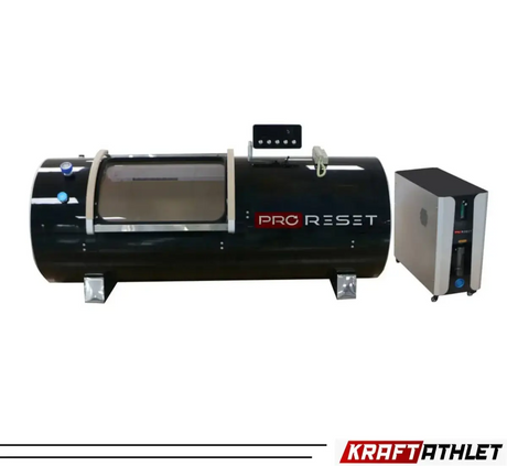 "ProReset Orbit portable hyperbaric chamber with reclining lounge chair and four viewing windows."​

