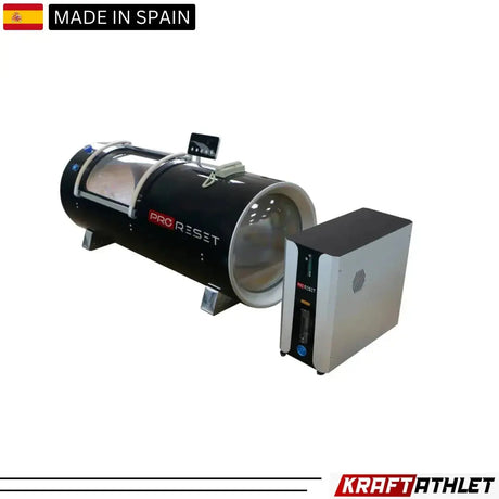 "ProReset Orbit portable hyperbaric chamber with reclining lounge chair and four viewing windows."​

