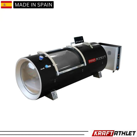 "ProReset Orbit portable hyperbaric chamber with reclining lounge chair and four viewing windows."​

