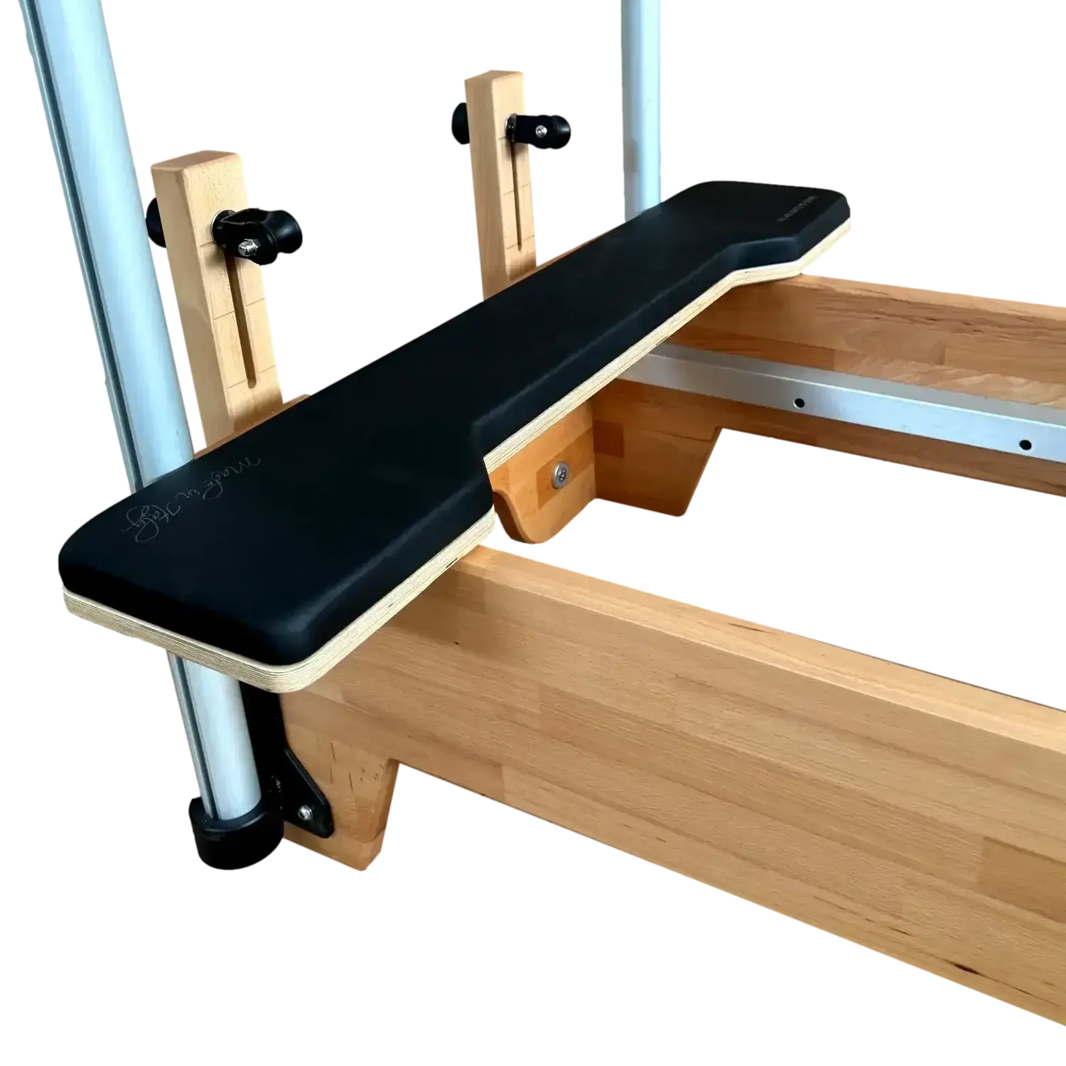 Wooden exercise bench with black seat pad on a white background