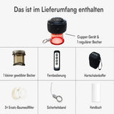 Lieferumfang: Cupper Gerät, zwei Becher, Fernbedienung, Hartschalenkoffer, Ersatz-Baumwollfilter, Sicherheitsband, Handbuch