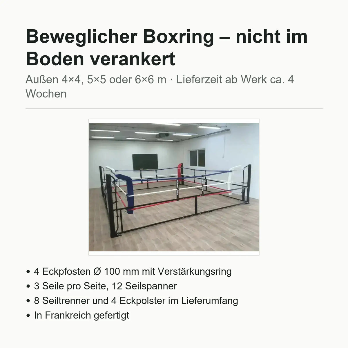 Beweglicher Boxring – Technische Daten: Außenmaße 4×4 bis 6×6 m, nicht im Boden verankert