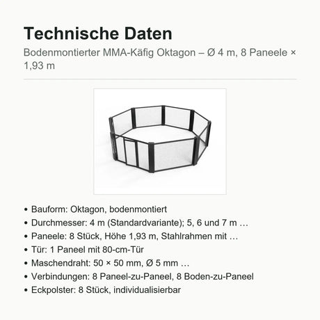 Technische Daten bodenmontierter MMA-Käfig Oktagon: Ø 4 m, 8 Paneele × 1,93 m, Maschendraht Ø 5 mm