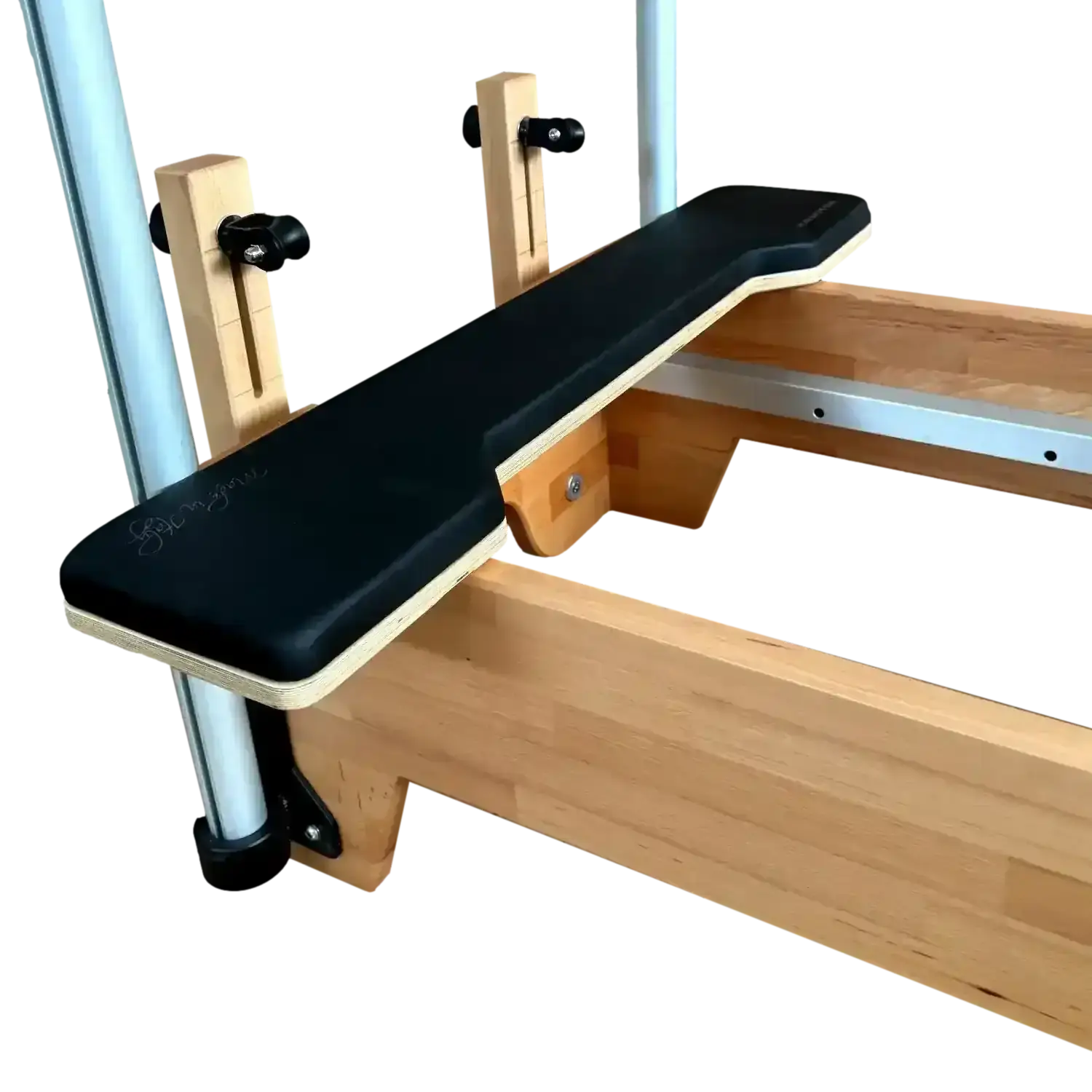 Wooden exercise bench with black seat pad on a white background