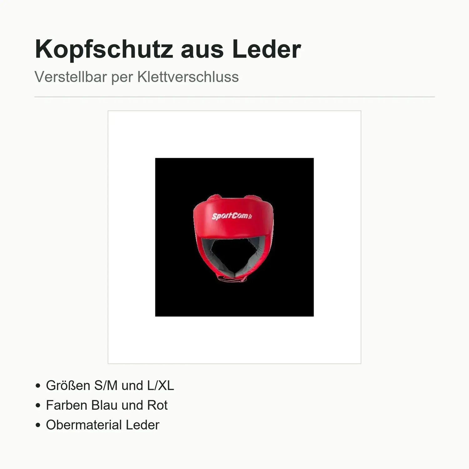 Technische Daten Boxhelm aus Leder: Größen S/M und L/XL, Farben Blau und Rot, Klettverschluss verstellbar