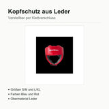 Technische Daten Boxhelm aus Leder: Größen S/M und L/XL, Farben Blau und Rot, Klettverschluss verstellbar