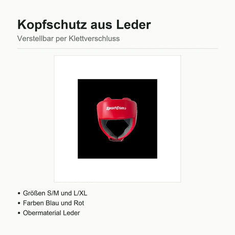Technische Daten Boxhelm aus Leder: Größen S/M und L/XL, Farben Blau und Rot, Klettverschluss verstellbar