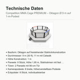 Technische Daten Competition MMA Cage PREMIUM: Oktagon Ø 9 m, Paneele 1,95 m, 8 Kamerapodeste