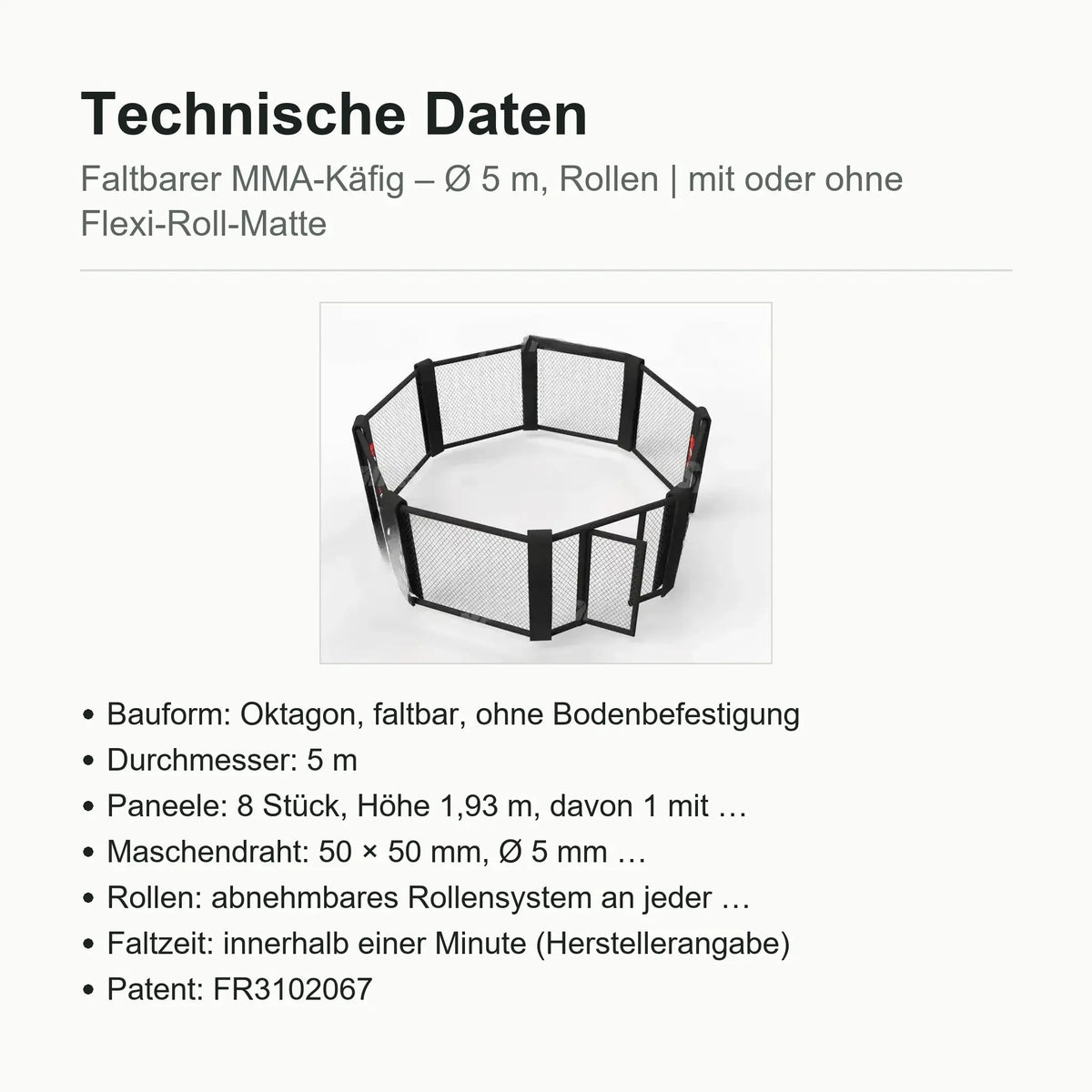 Technische Daten faltbarer MMA-Käfig: Ø 5 m, 8 Paneele × 1,93 m, Rollen, Patent FR3102067