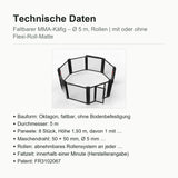 Technische Daten faltbarer MMA-Käfig: Ø 5 m, 8 Paneele × 1,93 m, Rollen, Patent FR3102067