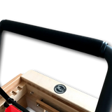 Black metal rod attached to a wooden product with a visible brand logo on a white background