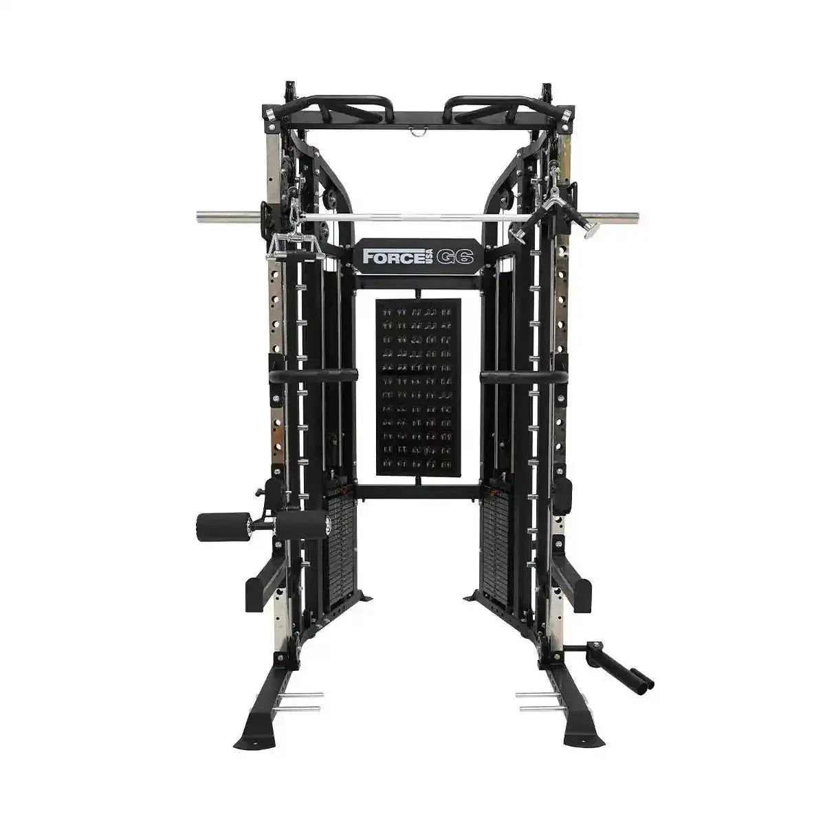 Force USA G6 All-In-One Trainer featuring power rack, Smith machine, and dual weight stacks.