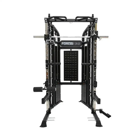 Force USA G6 All-In-One Trainer featuring power rack, Smith machine, and dual weight stacks.