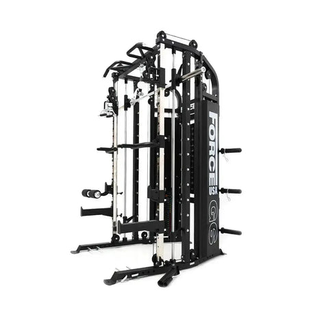 Force USA G6 All-In-One Trainer featuring power rack, Smith machine, and dual weight stacks.