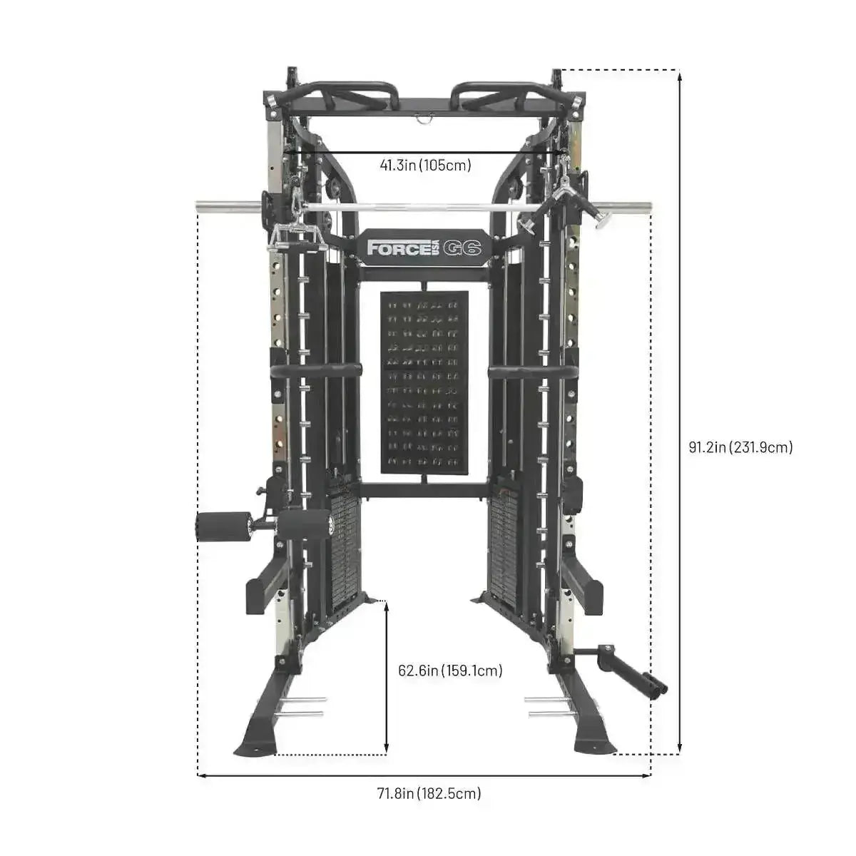 Force USA G6 All-In-One Trainer featuring power rack, Smith machine, and dual weight stacks.