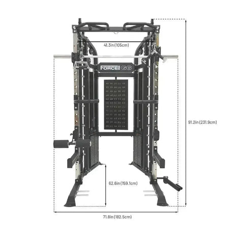 Force USA G6 All-In-One Trainer featuring power rack, Smith machine, and dual weight stacks.