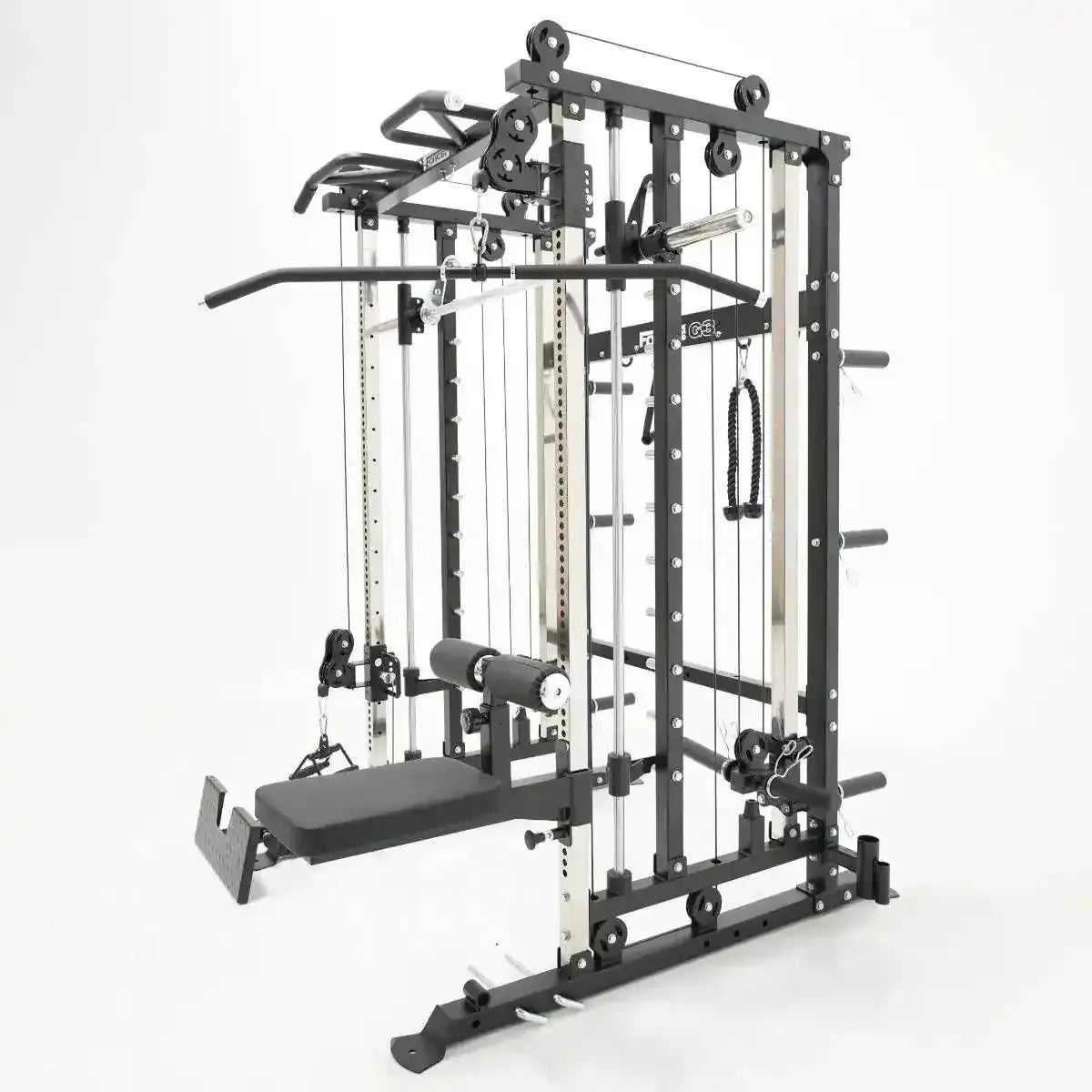 Force USA Lateral Row Seat attached to an all-in-one rowing trainer.
