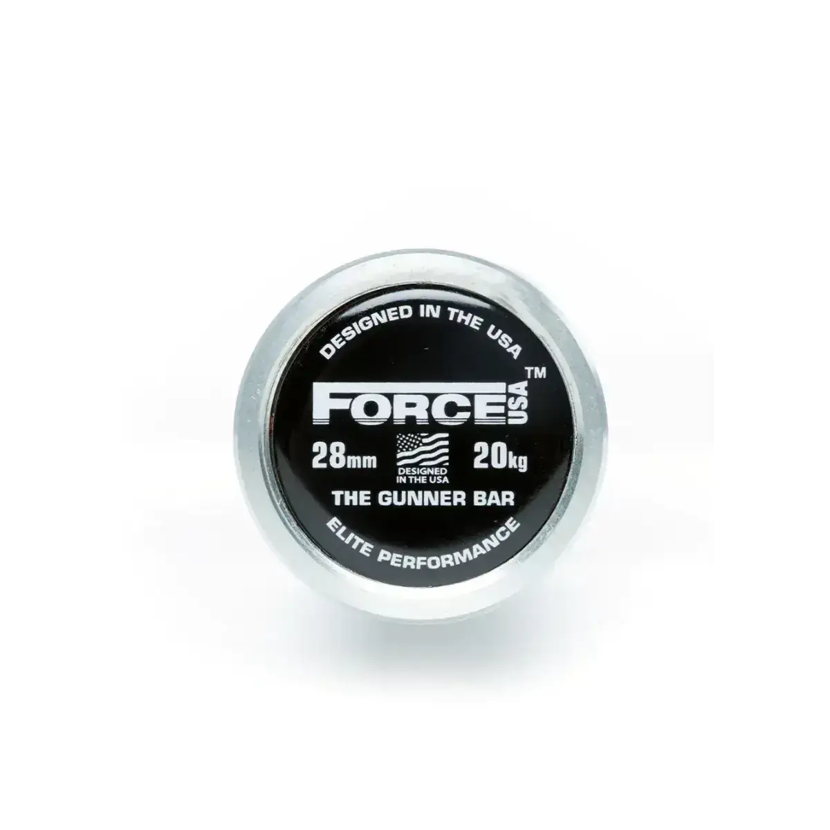 Force USA The Gunner Olympic Bar – 2.20m long, black barbell with silver sleeves and precise knurling.
