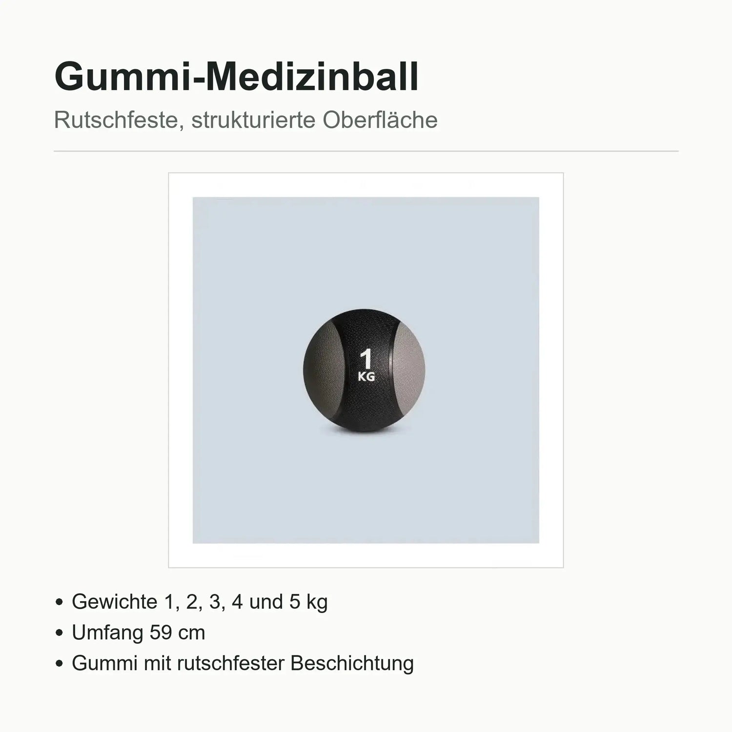 Technische Daten Gummi-Medizinball Sveltus: Gewichte 1 bis 5 kg, Umfang 59 cm, rutschfeste Beschichtung