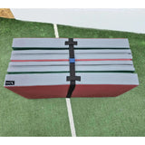 HEGREN Foldable Pilates Mat in blue, featuring high-density foam and synthetic leather upholstery, folded for easy transport.