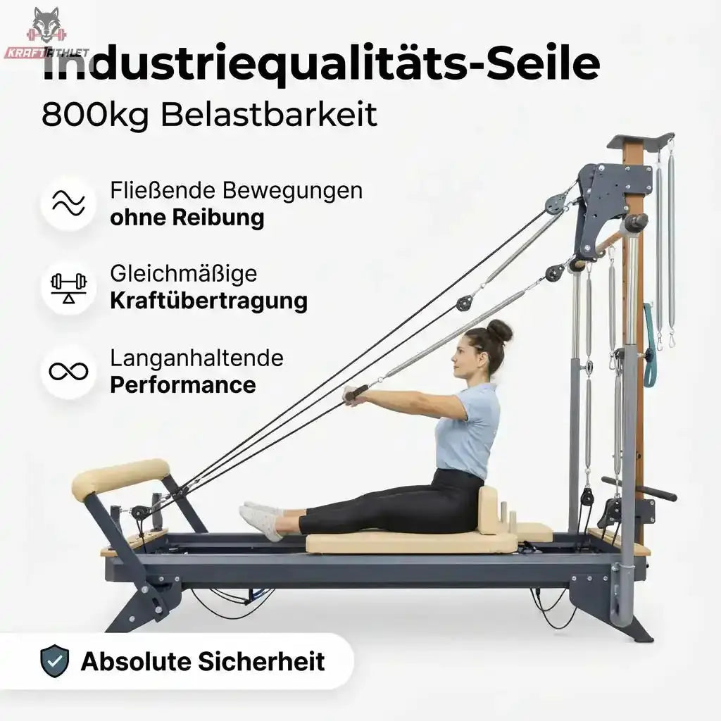 Woman using a Pilates reformer machine with text highlighting features on a white background