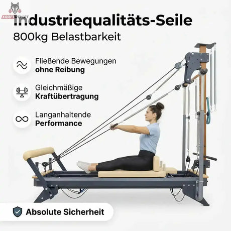 Woman using a Pilates reformer machine with text highlighting features on a white background
