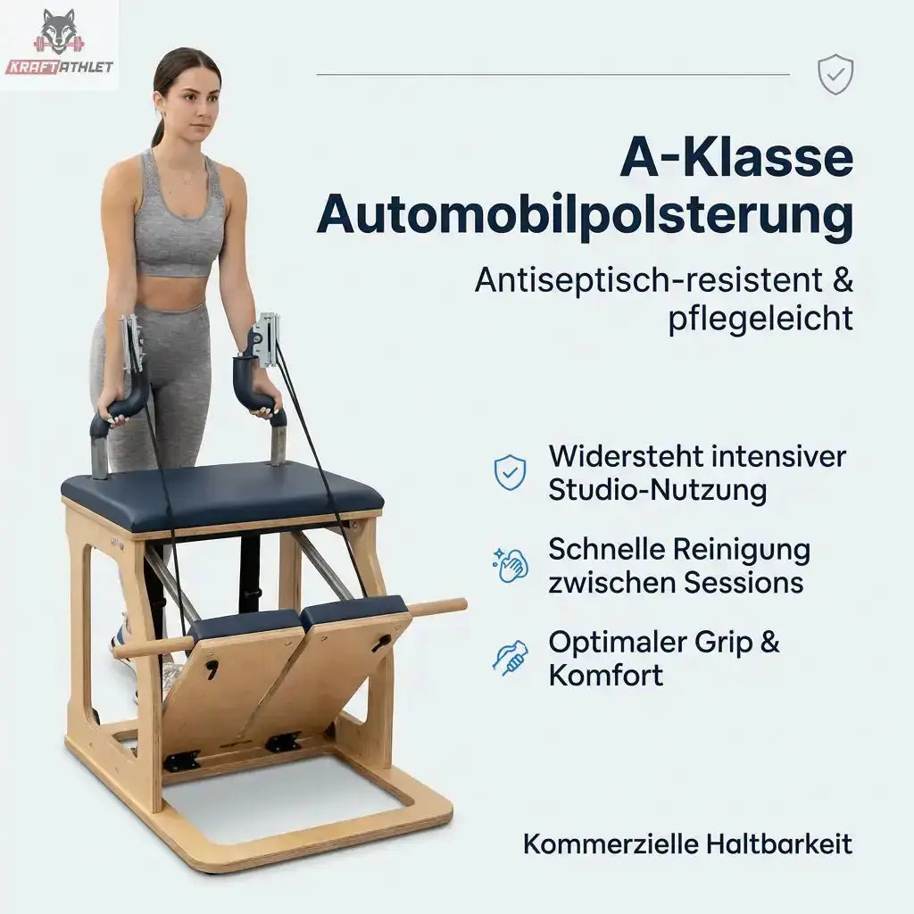 Woman using a physical therapy device with text about its features on a white background