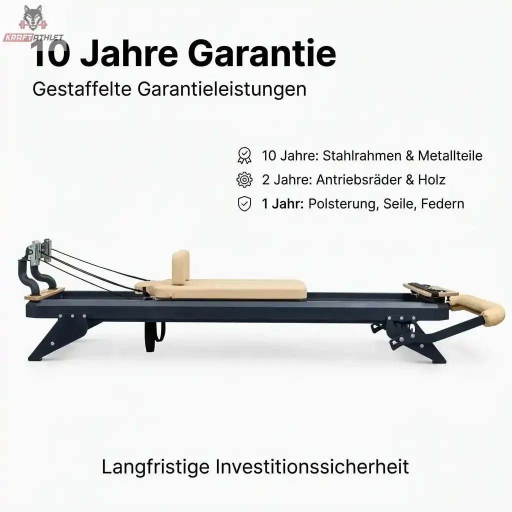 Pilates reformer with warranty information on a white background