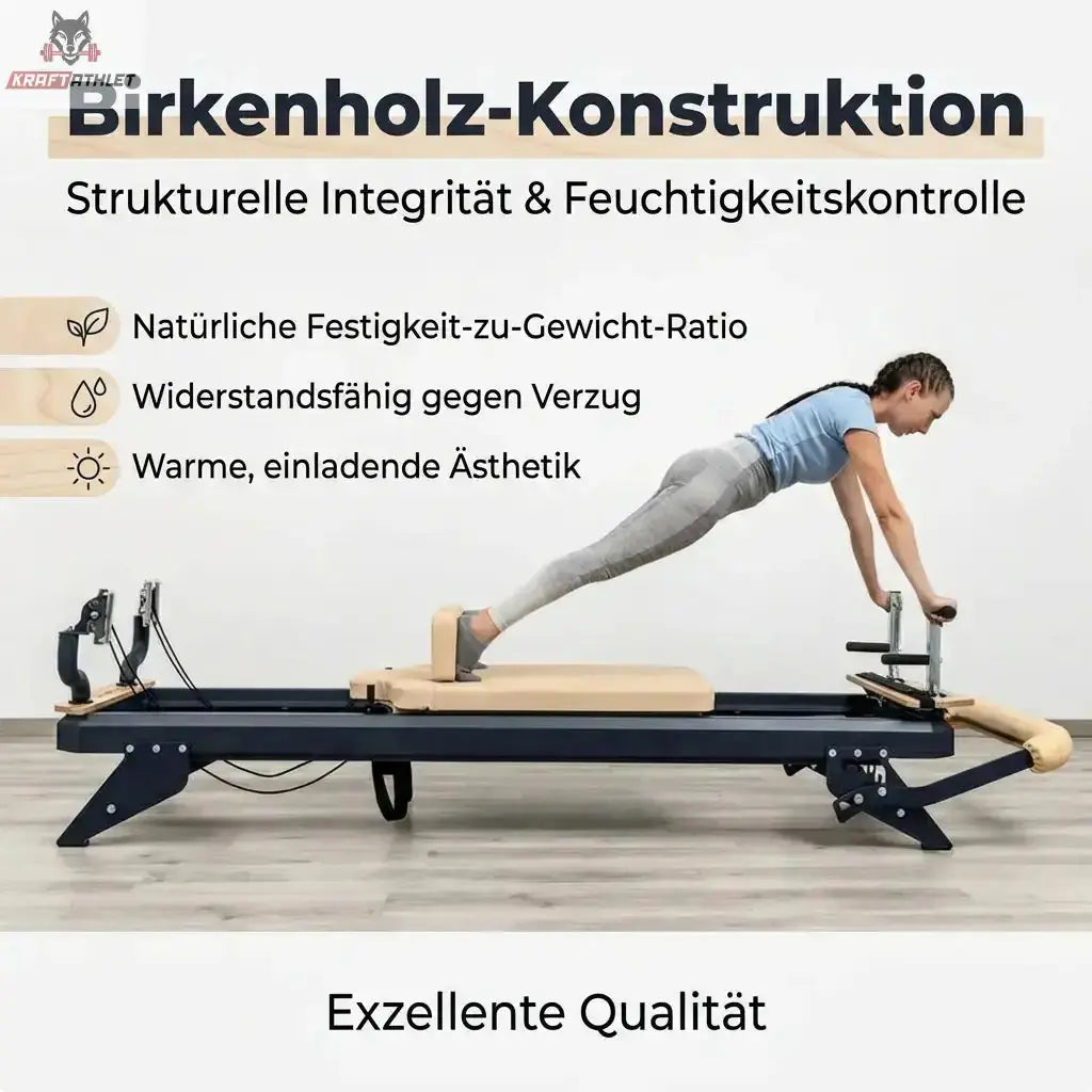 Person using a Pilates reformer with text about wooden construction quality.