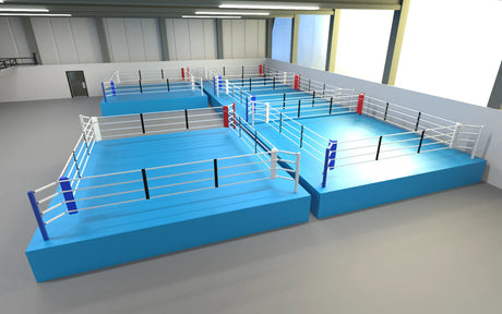 Internationaler Wettkampf-Boxring – Produktdarstellung des Rings mit Podium und Eckpfosten