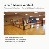 Klappbarer Boxring in der Sporthalle – patentiertes Faltsystem, in ca. 1 Minute verstaut