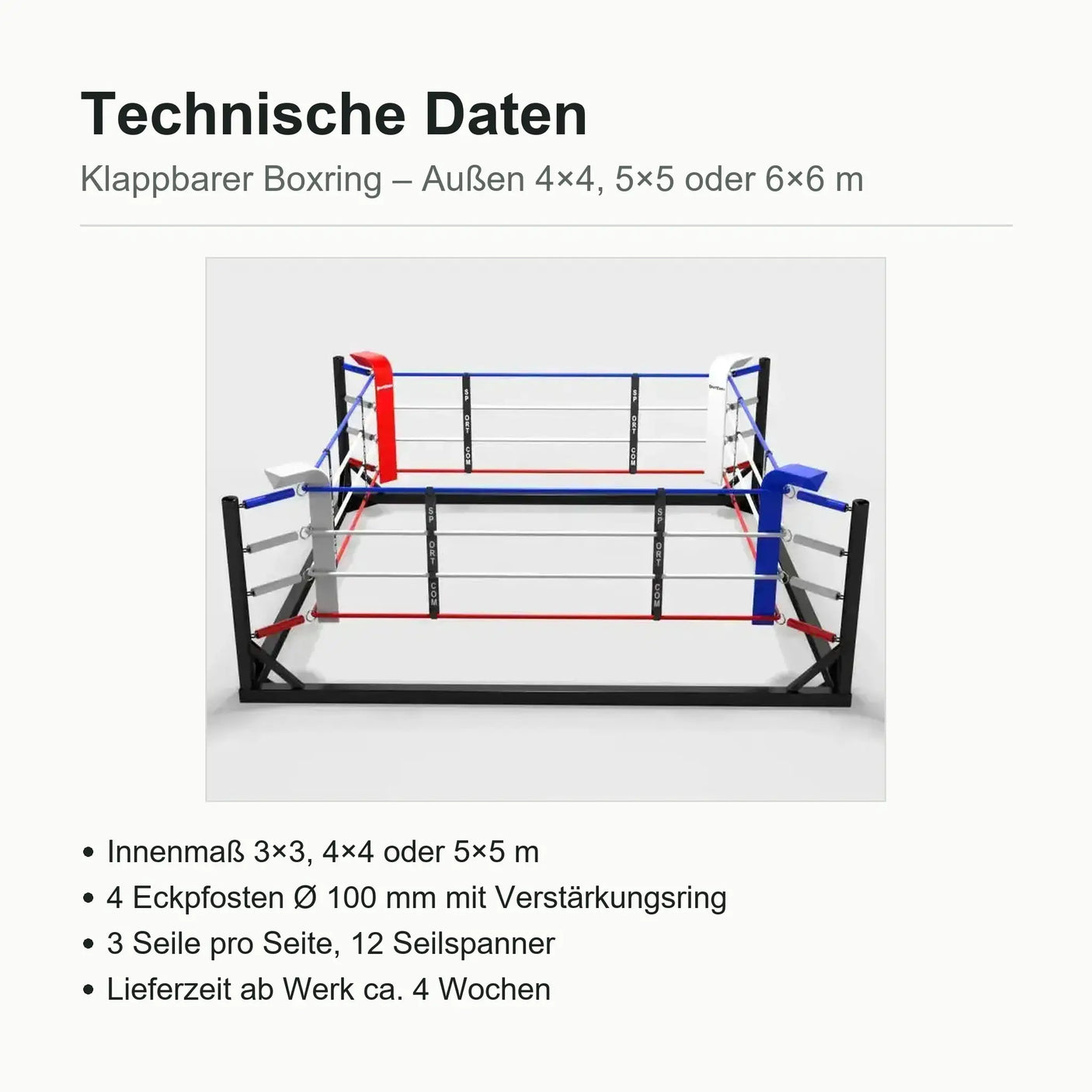 Klappbarer Boxring – Technische Daten: Außenmaße 4×4 bis 6×6 m, Eckpfosten Ø 100 mm, 3 Seile pro Seite
