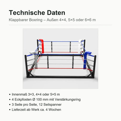 Klappbarer Boxring – Technische Daten: Außenmaße 4×4 bis 6×6 m, Eckpfosten Ø 100 mm, 3 Seile pro Seite