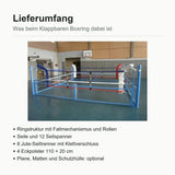 Klappbarer Boxring – Lieferumfang: Ringstruktur, Seile, Seilspanner, Seiltrenner und Eckpolster