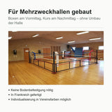 Klappbarer Boxring aufgebaut in einer Mehrzweckhalle mit Holzboden