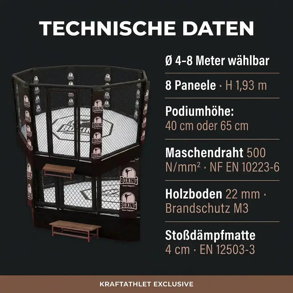 MMA-Käfig Oktagon mit Podium – Ø 4–8 m Profi-Event-Standard Individualisierbar Hergestellt in Frankreich Sportcom