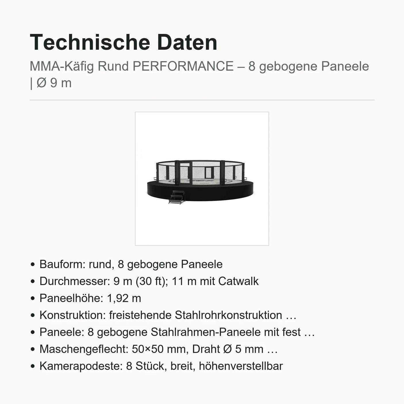 Technische Daten runder MMA-Käfig PERFORMANCE: Ø 9 m, 8 gebogene Paneele à 1,92 m